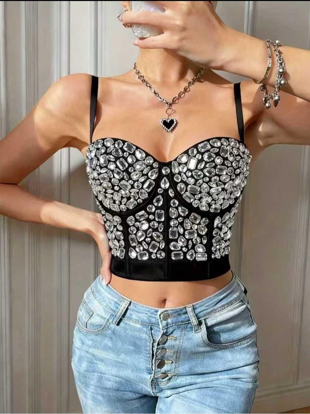 Embellished Black Bustier Camisole Top - Women